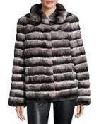 Stand-collar Rabbit Fur Coat, Charcoal
