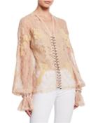 Chain Eyelet Lace Long-sleeve Blouse