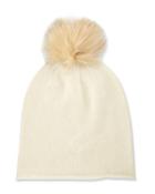 Cashmere Fox Fur Pompom Hat, Ivory/gold