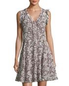Lindsay Floral-print Fit & Flare Silk Dress, Black/pink