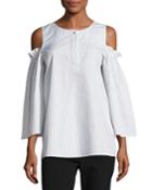 Pinstripe Cold-shoulder Blouse, White