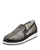 Maze Woven Leather Slip-on Sneakers, Black/pewter