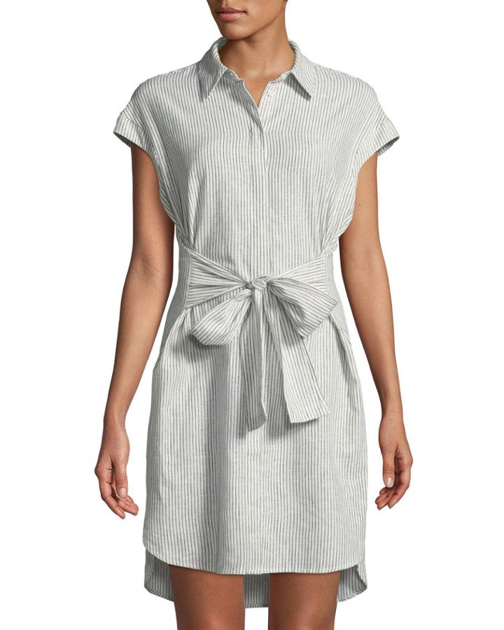 Pinstriped Linen Tie-front Dress