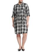 Shadow Long-sleeve Plaid Shirtdress, Black