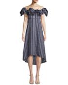Mirabelle Ruffled Off-the-shoulder Striped A-line Dress