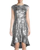 Foil Print Cap-sleeve High-low Flounce Dress