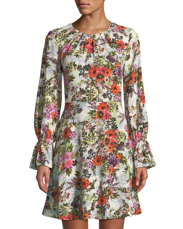 Long-sleeve Floral-print Fit-&-flare Dress