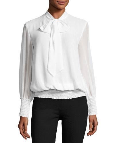 Long-sleeve Smocked-trim Tie-neck Blouse