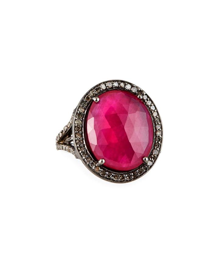 Round Composite-ruby Diamond-halo Ring,