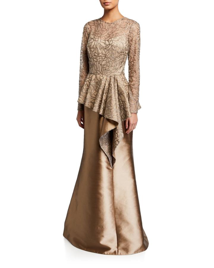 Sequin Leaf Pattern Tulle Peplum Top W/ Gazar