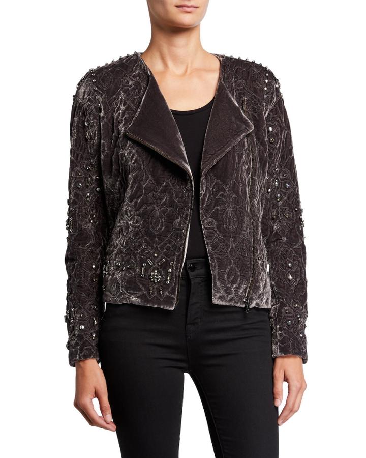 Emily Embellished Zip-front Velvet Jacket
