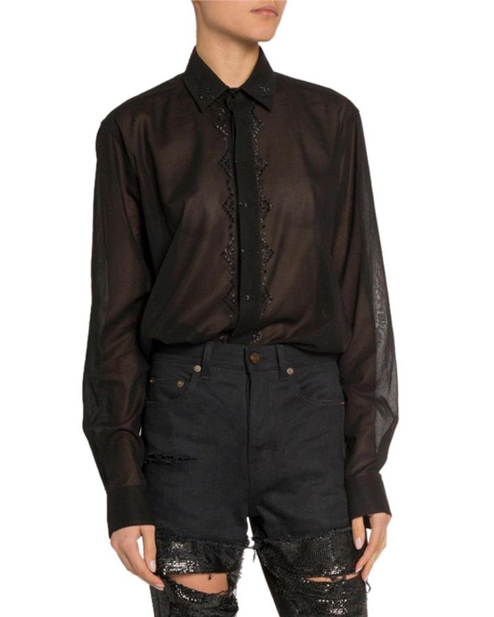 Sequined Sheer Button-front