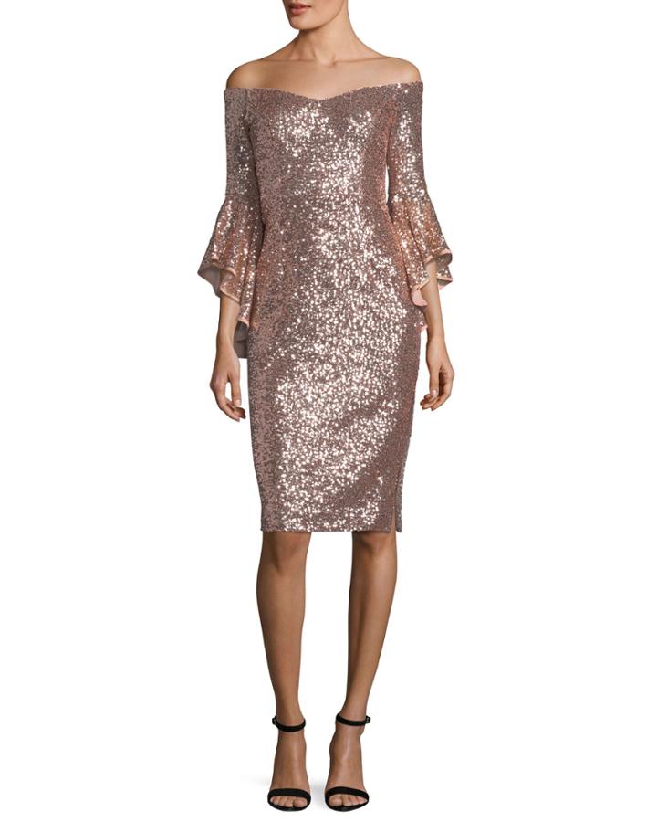 Selena Off-the-shoulder Bell-sleeve Sequined Cocktail Dress