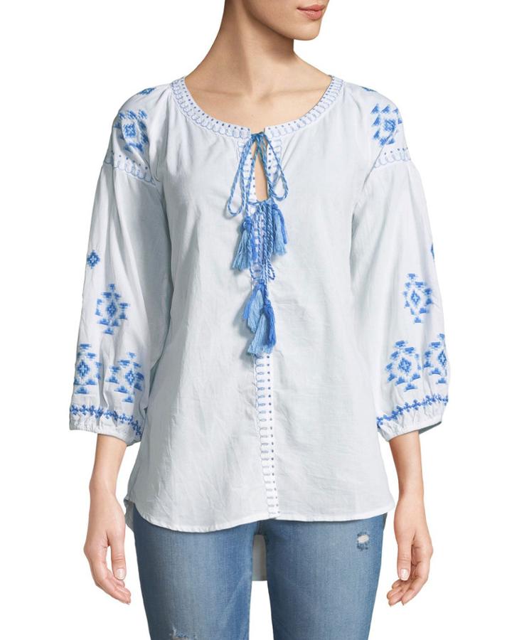 Tie-neck Embroidered Peasant Blouse