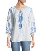Tie-neck Embroidered Peasant Blouse