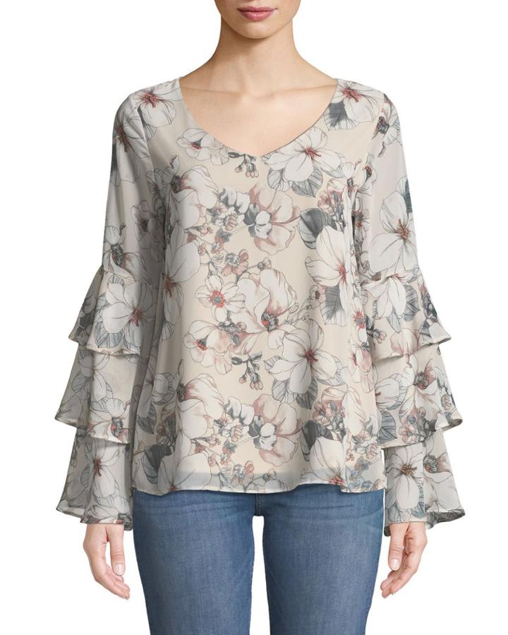 Ruffle-tiered Sleeve Floral Blouse
