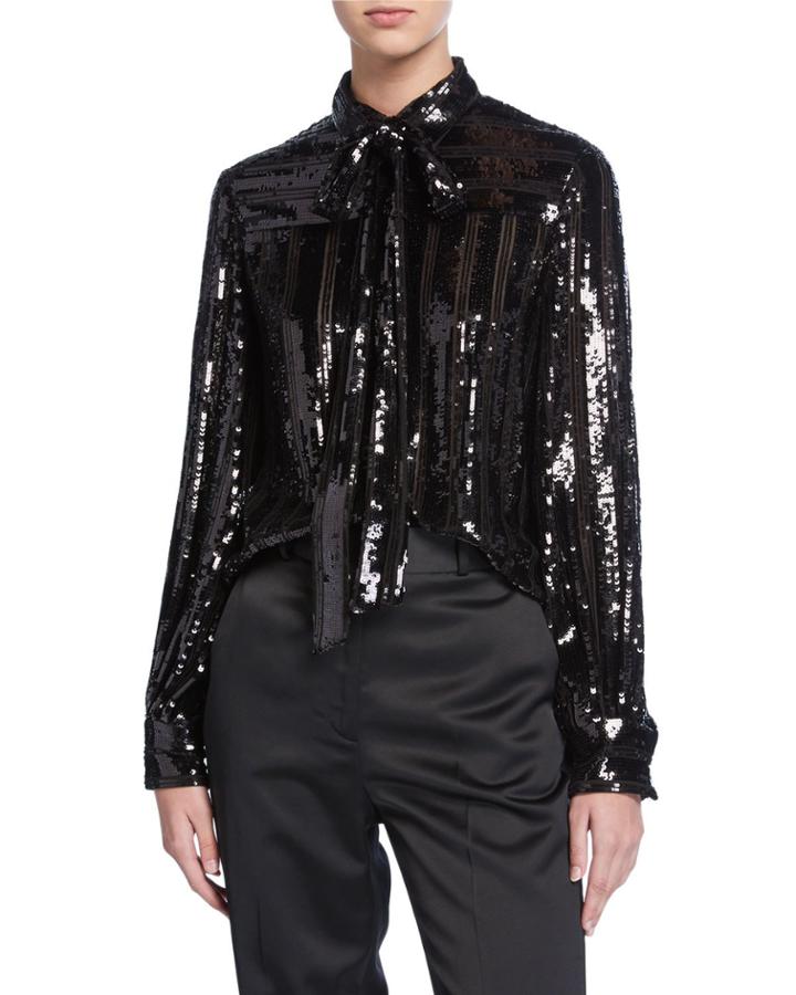 Striped Sequin Tie-neck Blouse