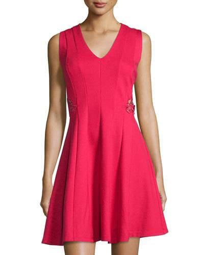 Sleeveless Fit & Flare Dress W/ Embroidered Waist, Red Glow