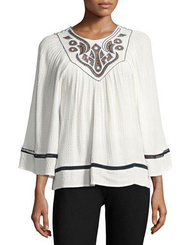 Shadow-check Embroidered Blouse, White/blue