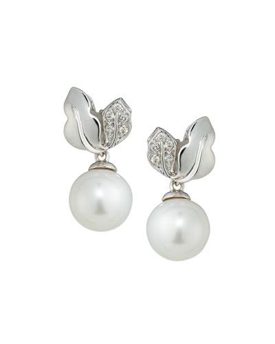 14k White Gold Freshwater Pearl Earrings W/ Diamonds