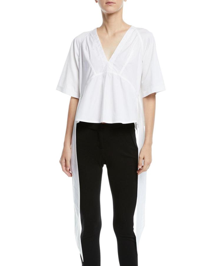 V-neck Short-sleeve Draped-sides Cotton Top