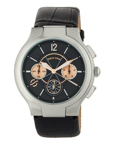 Large Round Chronograph Watch W/ Calfskin