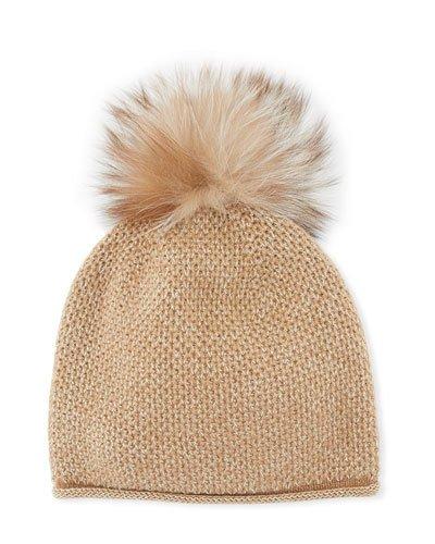 Cashmere-knit Honeycomb Beanie With Fox Fur Pompom