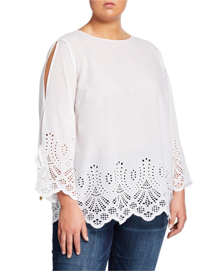 Plus Size Eyelet Slit 3/4-sleeve