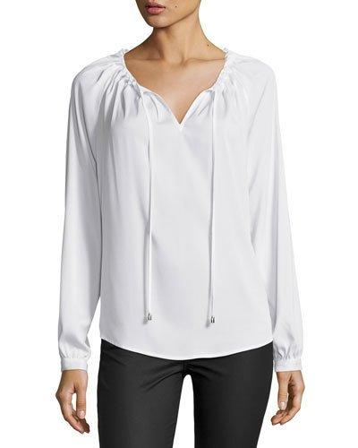 Self Tie-neck Crepe Blouse, Ivory