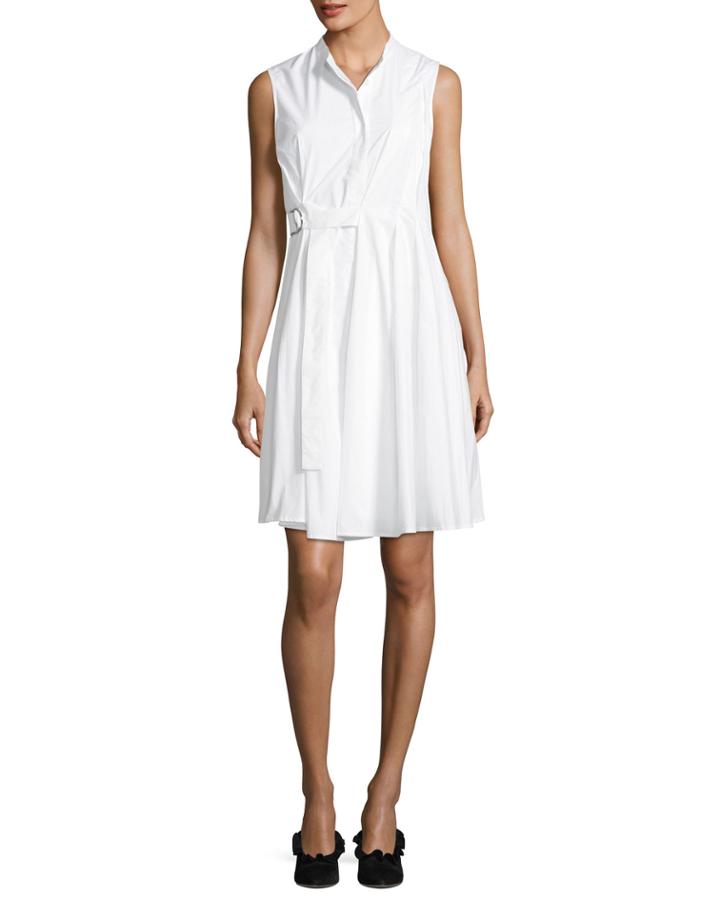 Sleeveless Side-wrap Pleated Poplin Dress