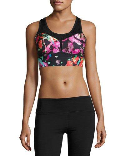 Splash Palm Lace Mesh Crop Top, Black/multi