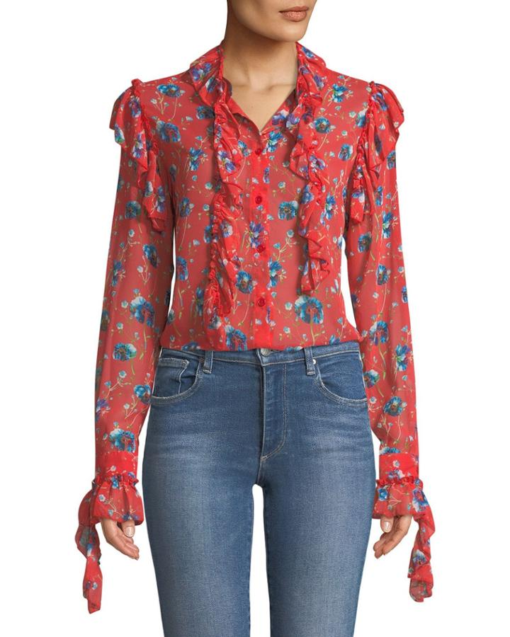 New Flame Floral-chiffon Ruffled Blouse