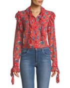 New Flame Floral-chiffon Ruffled Blouse