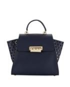 Eartha Side-perforated Leather Crossbody Bag, Navy