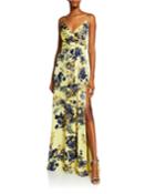 Floral-print Surplice Spaghetti-strap Gown With