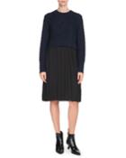 Mixed-knit Pleated Long-sleeve Dress