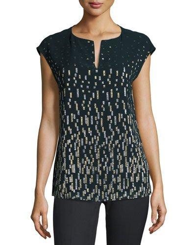 Joanie Short Dolman-sleeve Metallic Blouse, Ink