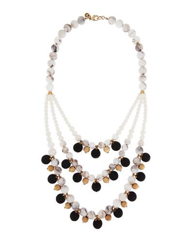 Tri-tone Matte-beaded Three-strand Bib Necklace,