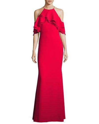 Ruffle-trim Ponte Popover Gown, Red