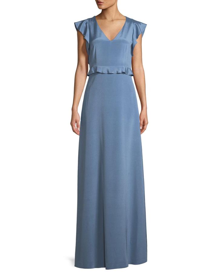 Stretch Crepe De Chine Flutter-sleeve Gown