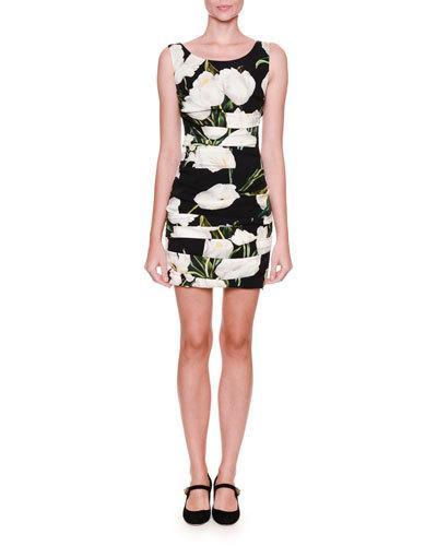 Sleeveless Ruched Tulip-print Dress, Black/white