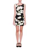 Sleeveless Ruched Tulip-print Dress, Black/white