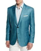 Check Two-button Wool Jacket, Aqua/green