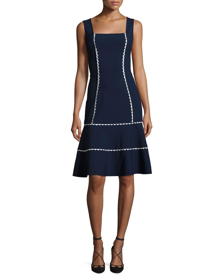 Sleeveless Rickrack-trim Flounce Dress, Blue/white