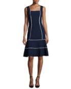 Sleeveless Rickrack-trim Flounce Dress, Blue/white
