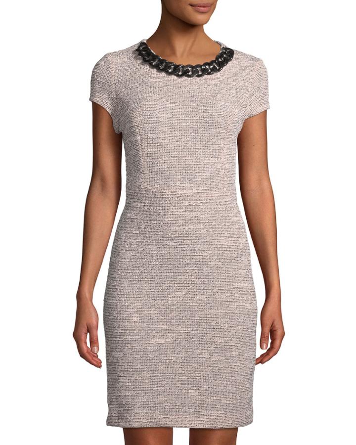Chain-neck Short-sleeve Tweed Dress