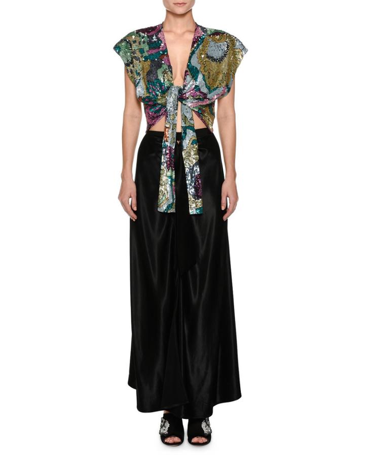 Embroidered Sequins Tie-waist Evening Gown With Crepe