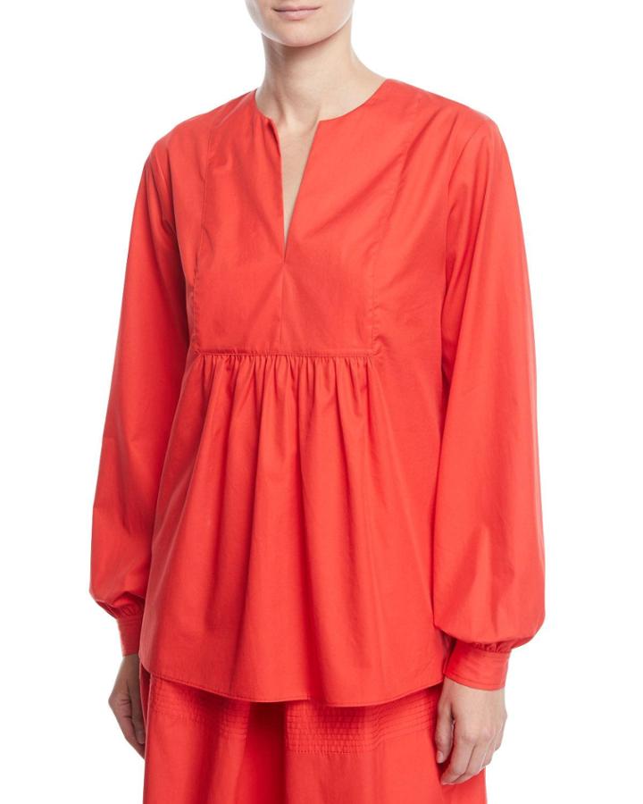 Split-neck Bib Long-sleeve Light-twill Tunic Blouse