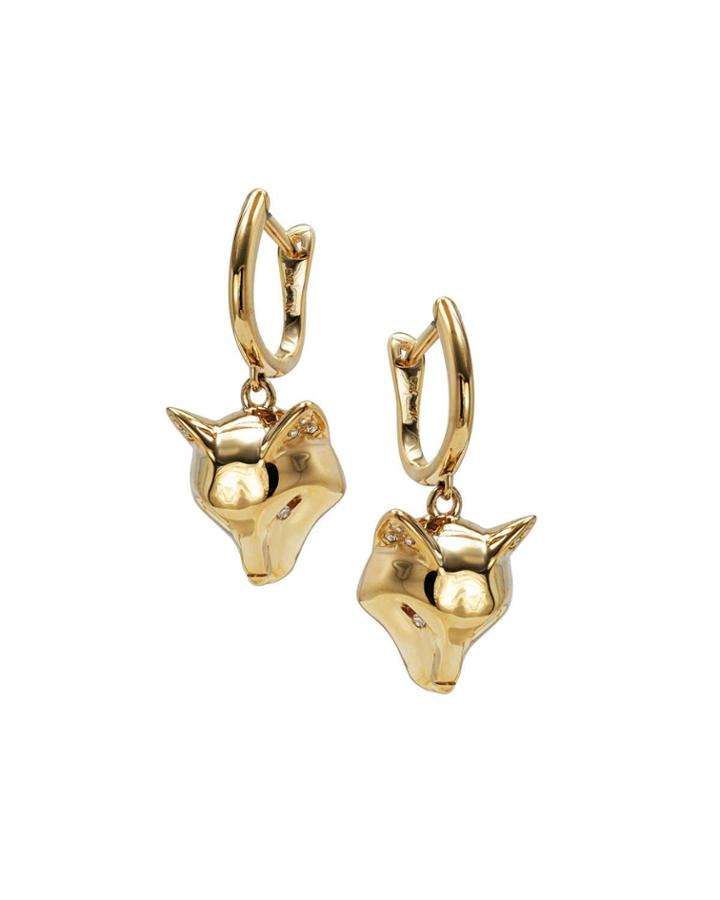 14k Yellow Gold And Diamond Fox Drop Earrings