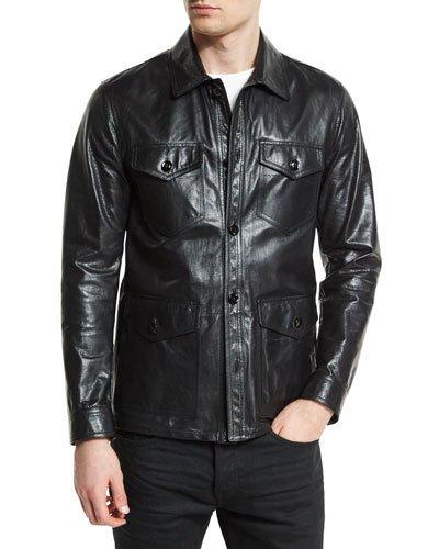 Lightweight Leather Racer Jacket, Black